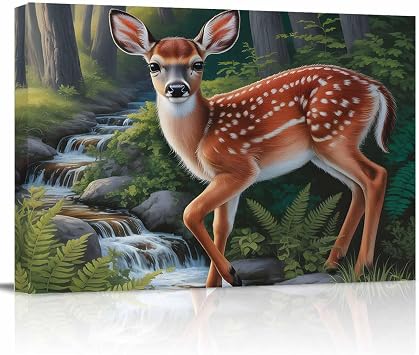 Nature Forest Deer Wall Art for Living Room,Canvas Picture Wall Decor for Bathroom Bedroom,Modern Watercolor Elk Plant Painting Artwork for Office Kitchen Hallway Dining Room Home Decorations 12"x16"