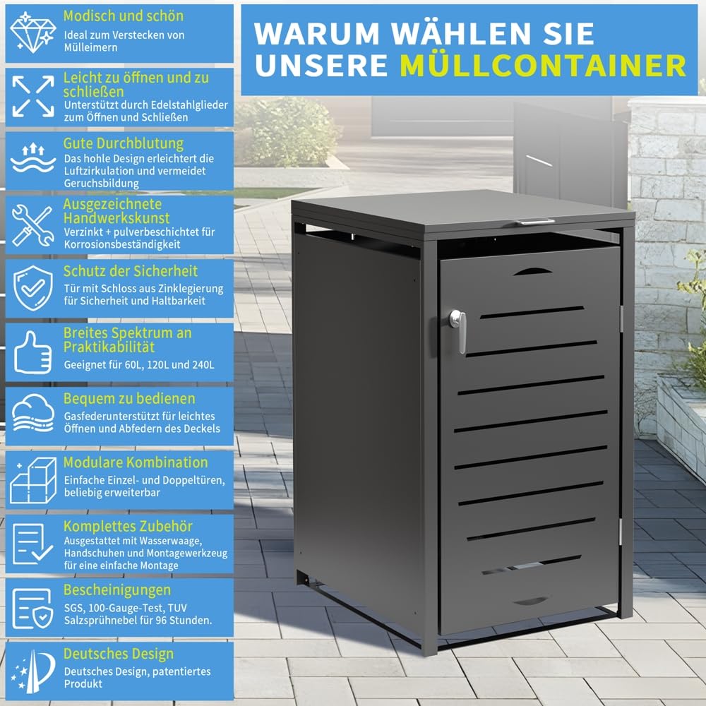 Melko Cache-poubelles anthracite | Extensible à volonté | Revêtement de poubelles pour 4 poubelles | Robuste et durable | Capacité jusqu'à 240 l