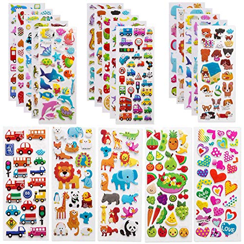 1200 Pcs 3D Stickers for Kids Toddlers 40 Sheets Puffy Stickers for Party Bag Fillers Rewarding Gifts Scrapbooking Including Animals Fish Dinosaurs Numbers Fruits Trucks Airplane