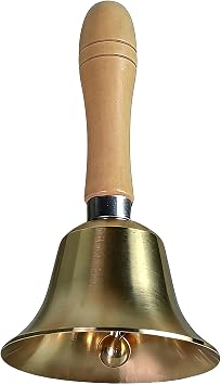 Solid Brass Hand Call Bell with Wooden Handle, Gold Brass Finish, 6.9 Inch Height, Super Loud Sound, Traditional Design