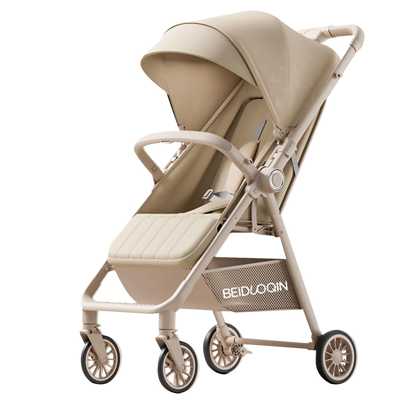 Beauenty Reversible Handle Two-way Stroller for Baby Boy Girl 0-3 Years Old, Button Press Automatic Foldable Lightweight Baby Stroller Travel Gear (Beige)