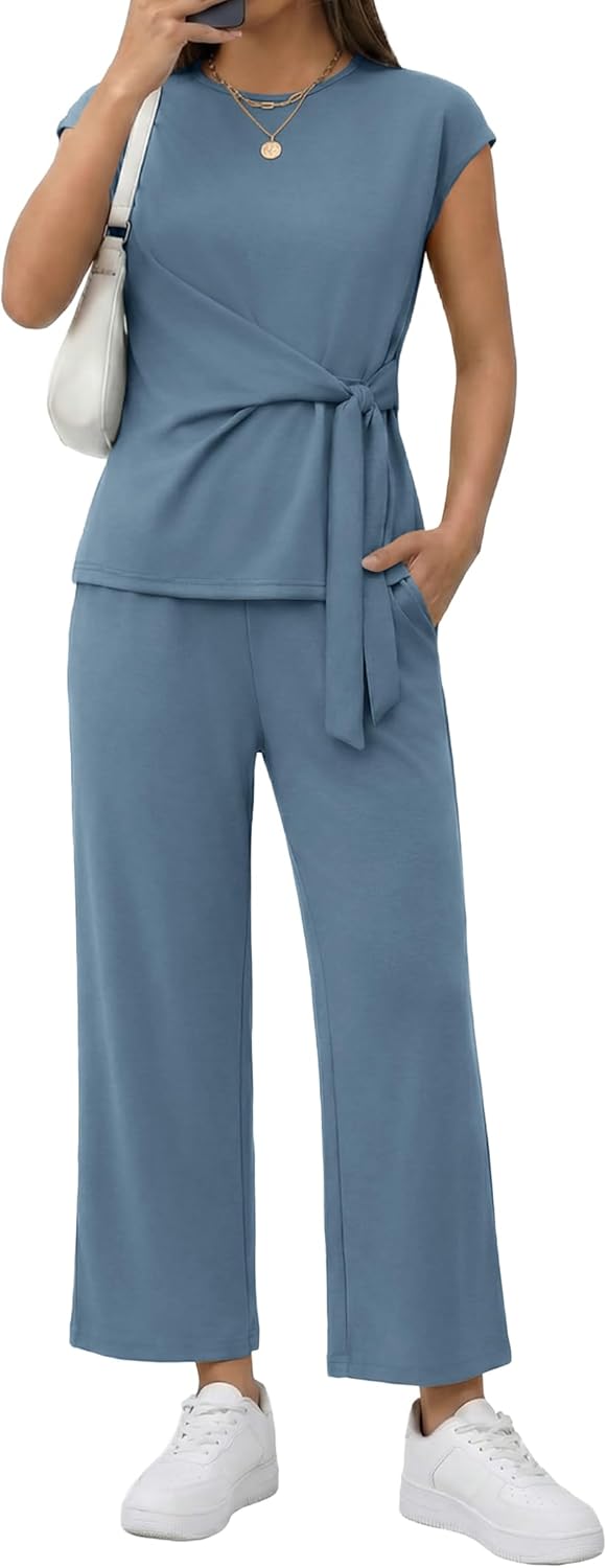 Casly Lamiit 2 Piece Set for Women Summer Casual Cap Sleeve Top with Belted Tie Crop Wide Leg Pants Travel Airport Outfit
