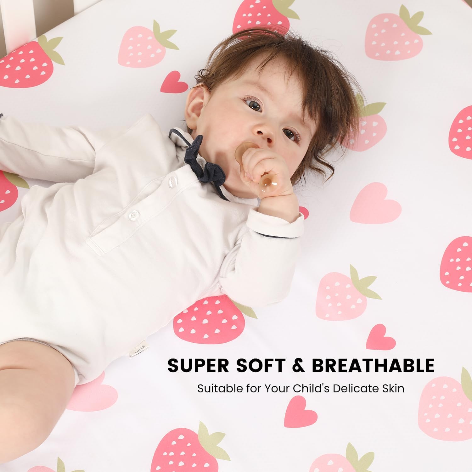 Baby Crib Sheets Girl, Toddler Bed Sheets Fitted for 52x28 Inch Standard Crib Mattress for Baby Girls, Set of 2 Super Soft Breathable Microfiber (Strawberry+Pink, 52x28 Inch (Pack of 2)) - Image 3