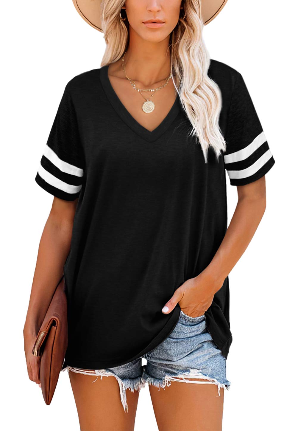 AokosorOversized T Shirts for Women V Neck Ladies Striped Sleeve Summer Tops Casual Loose Tee