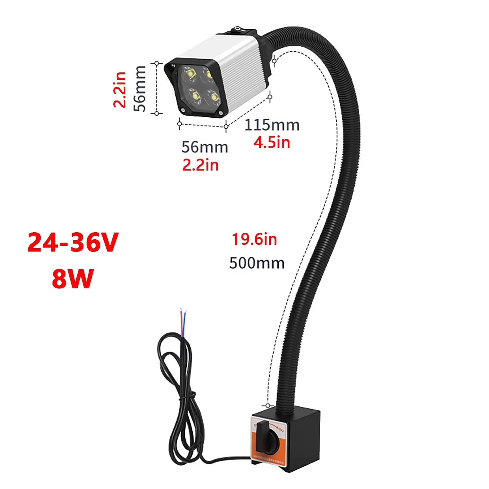 Lampada da Lavoro Magnetica, Lampada Industriale Flessibile a Collo D'oca da 24 V, Base Magnetica con Interruttore, Tubo Flessibile Orientabile a 360°(8W)