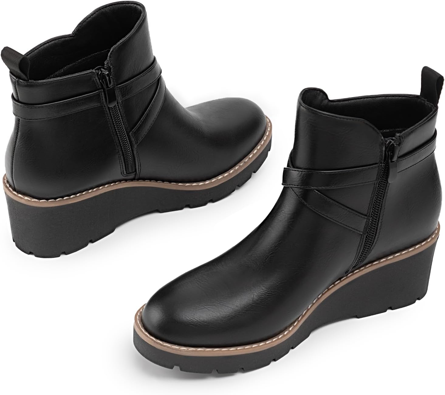 Athlefit Women's Wedge Ankle Boots Fashion Platform Lug Sole Buckle Short Booties with Side Zipper - Image 4