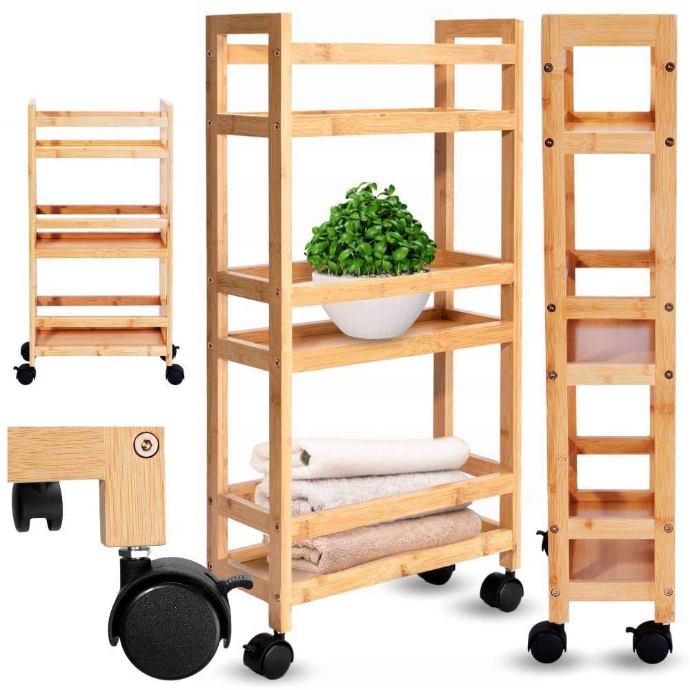 ZOLTA Bambus Rollregal schmal mit 3 Ablagen auf Rollen 74,5×36×15 cm stabil mobil für Bad Küche Vorratsraum Büro Kinderzimmer Garage Organizer Regalwagen mit Bremse natürlich pflegeleicht