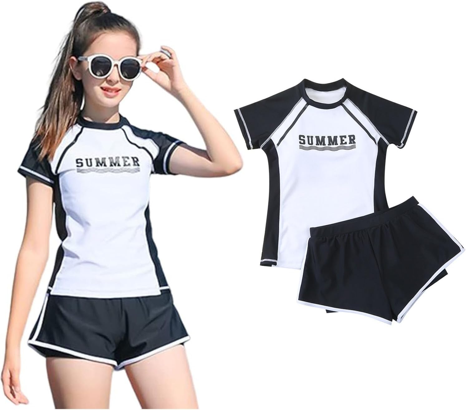 Girls Short Sleeve Rash Guard Sets Swimsuits Two-Piece Beach Swimwear Quick Dry Bathing Suits UPF 50+ 8-16 Years