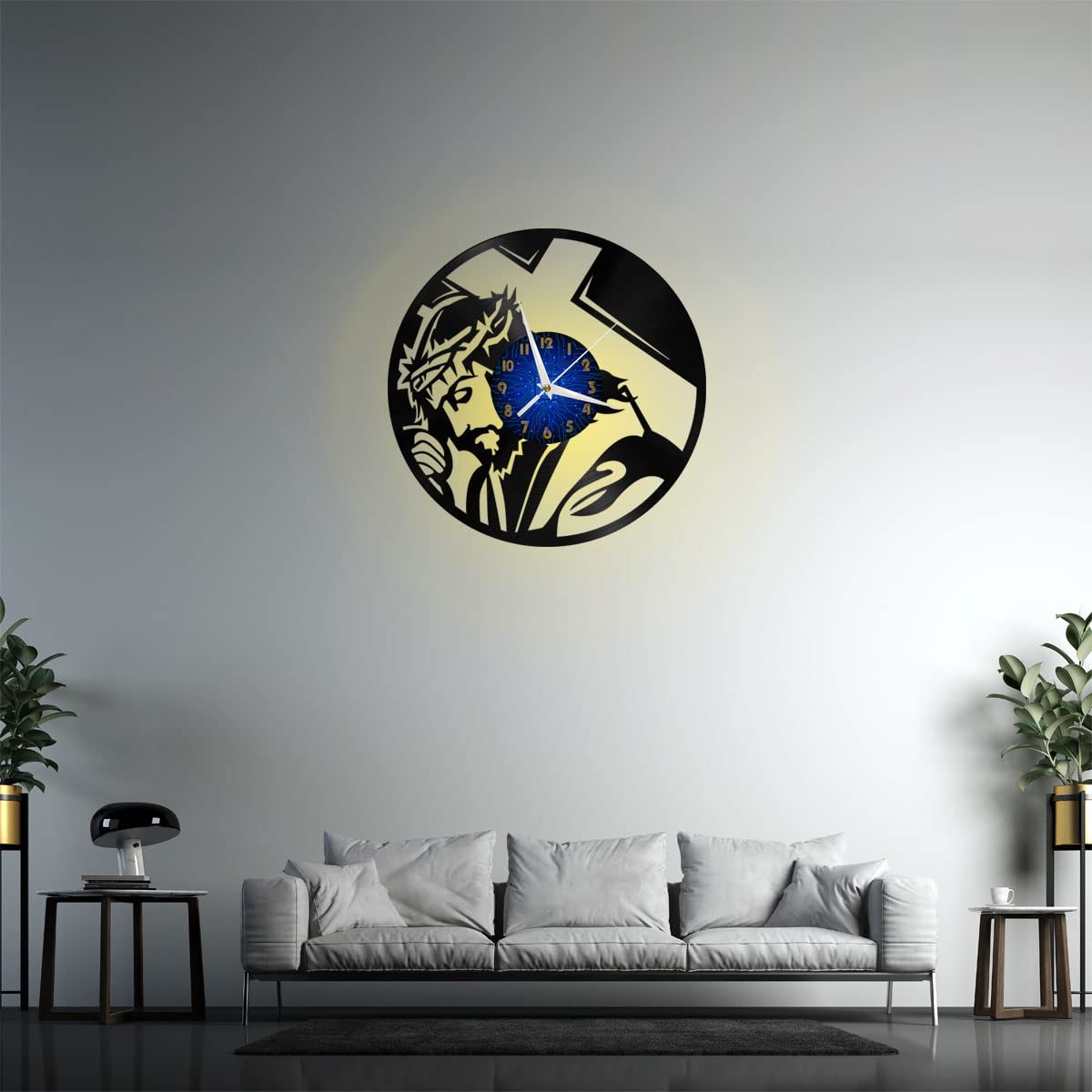 Generico SZGIT Gesù Orologio da parete in vinile, Orologio da parete in vinile nero 12 pollici per camera da letto in soggiorno(12 pollici B con LED)