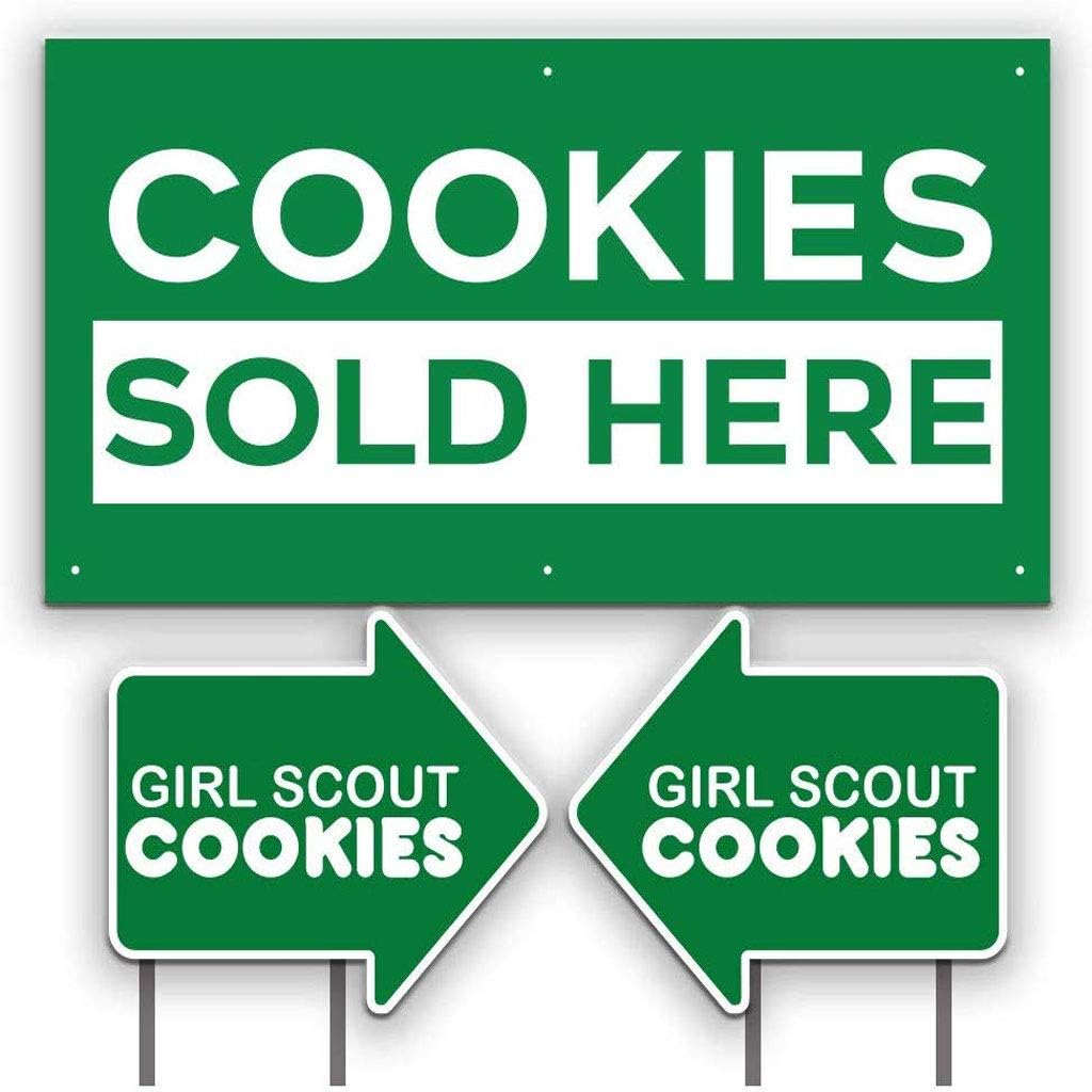 VictoryStore Girl Scout Cookies Banner and Sign Set, 2ft x 4ft Banner, 2 Arrow Signs 18.6" x 22", Vinyl & Corrugated Plastic, Informative Style, Green & White, Lawn & Outdoor Use