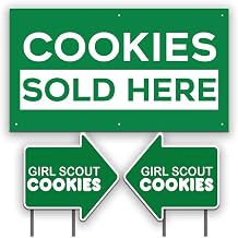 VictoryStore Girl Scout Cookies Banner and Sign Set, 2ft x 4ft Banner, 2 Arrow Signs 18.6" x 22", Vinyl & Corrugated Plastic, Informative Style, Green & White, Lawn & Outdoor Use