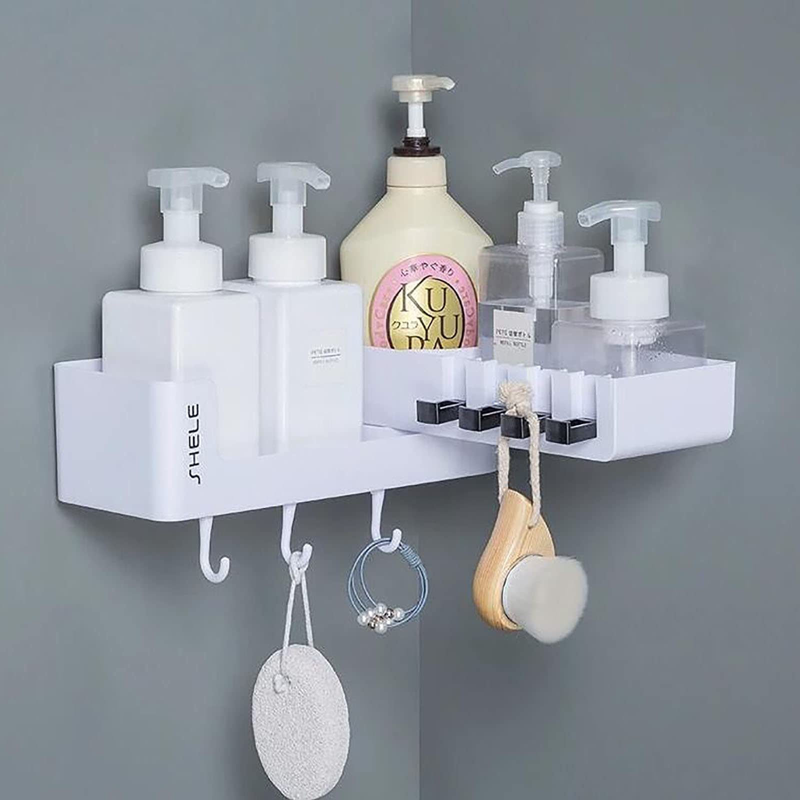estantes de baño exquisitos Estante de baño montado en la Pared Ducha sin perforación Estante de Ducha con Ganchos Estante Giratorio para Cocina baño Inodoro/Negro