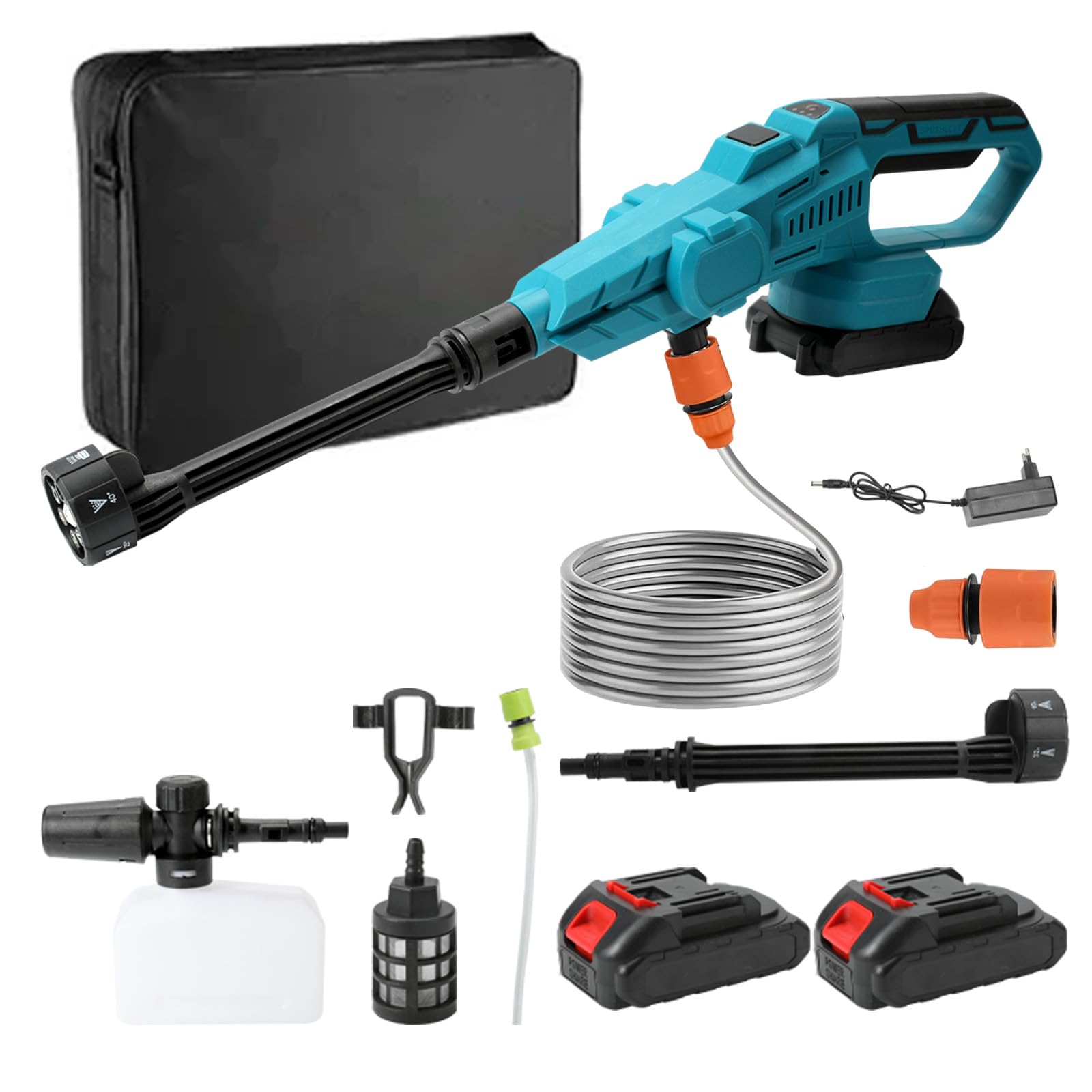 Pistola de agua de alta presión con batería, motor sin escobillas, boquilla multifunción 6 en 1, boquilla giratoria de 180°, manguera de 380 L/H, 5 m, para coches, terrazas, ventanas (2 baterías)