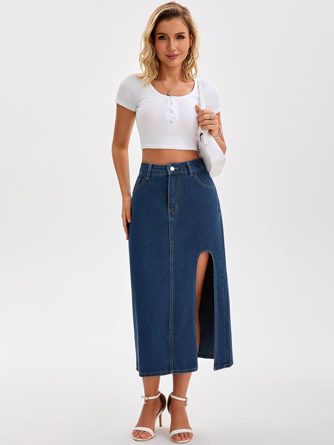 Womens Long Denim Skirt Casual 2026 Spring High Waisted Slit Midi Jean Skirts - Image 3