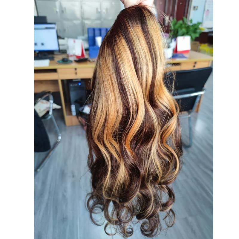 Miniatura 2 de Peluca de cabello humano ondulado con reflejos en U de 20 pulgadas para mujeres 427 balayage, marrón rubio, 150% 1x4 U abierta de cabeza completa,