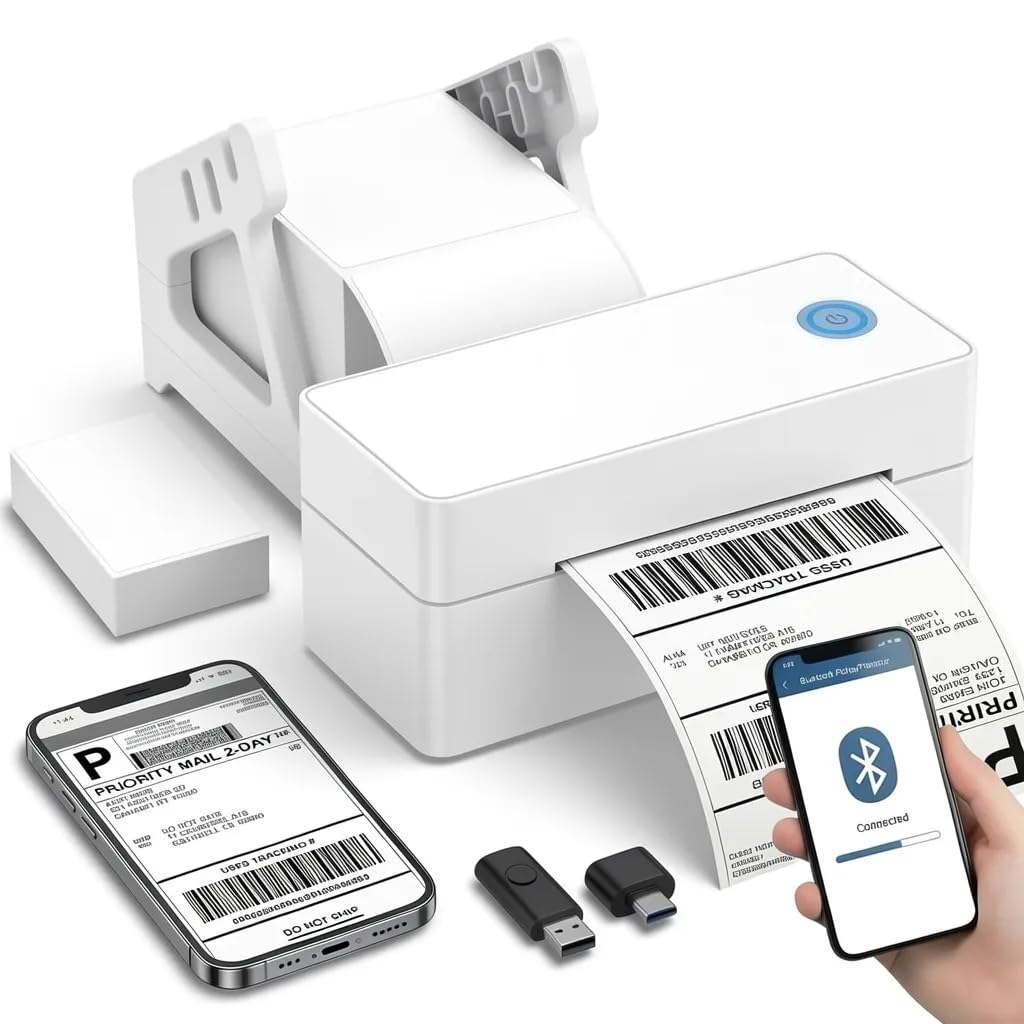Impresora de Etiquetas Térmica 4x6 Bluetooth – para DHL, Correos, Amazon y Shopify, Sin Tinta, Compatible Windows, Mac, iOS, Android, Incluye USB con Drivers y Soporte