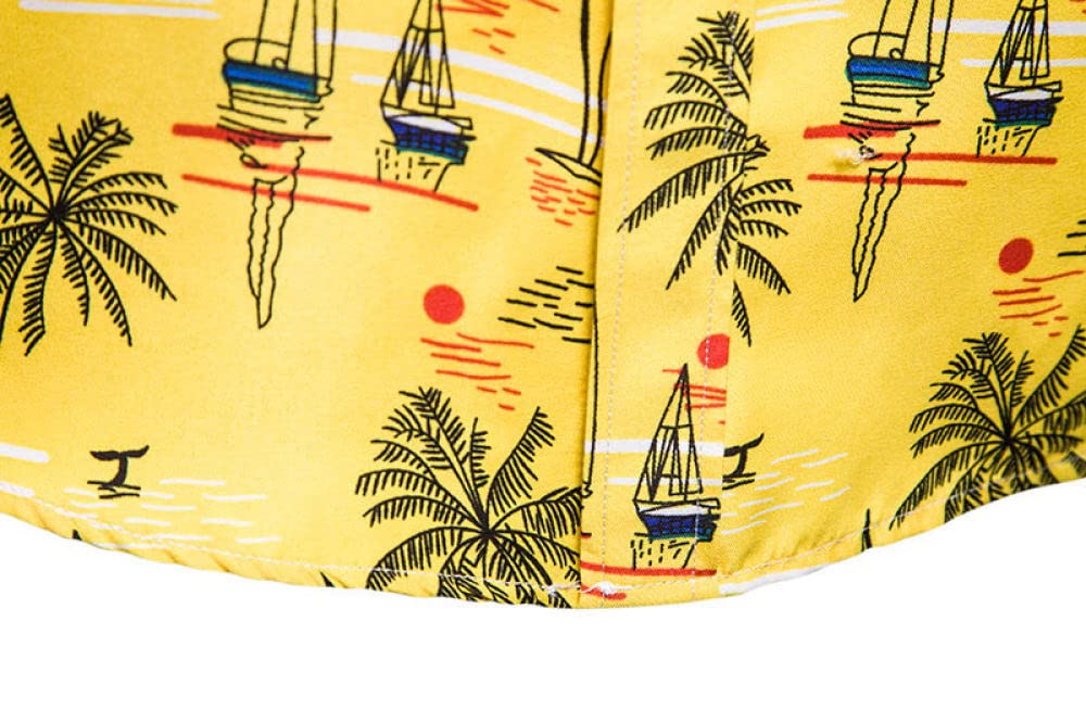 HGJH Hawaii Hemd, Herrenhemd Langarm Schwarz Kokospalme Segelboot-Print Hawaiihemd Kuba-Kragen Weiß Langarm Button Down Weiches Strandhemd Henley-Hemd Für Männer Jungen