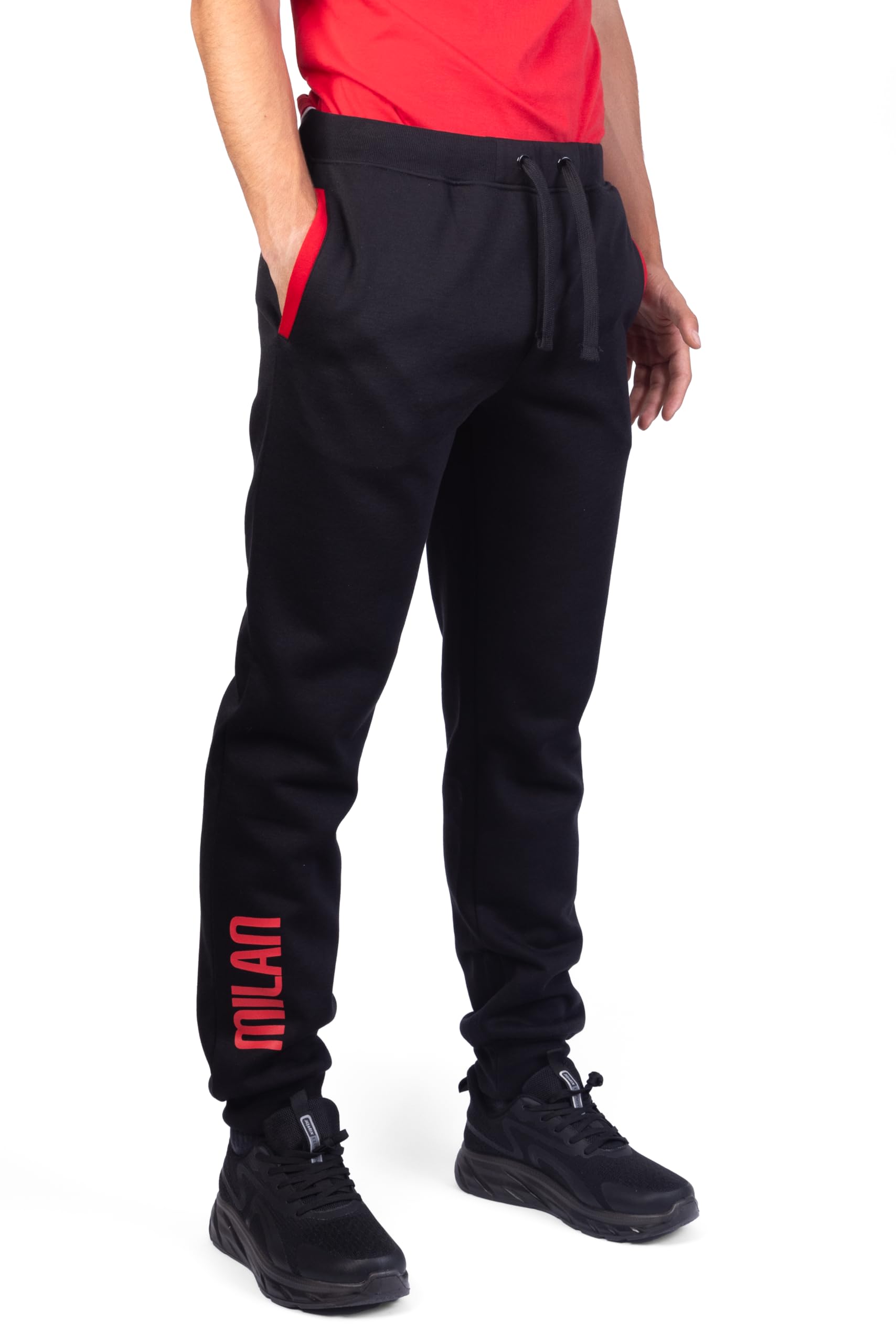 Milan, Pantalone Homewear in Felpa Garzata, Coulisse in Vita, Due Tasche Laterali, Colore Nero con Logo Milan
