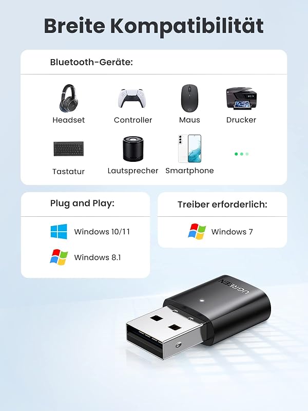 UGREEN Bluetooth 5.0 USB adapter Windows PC laptop egér billentyűzet fülhallgató