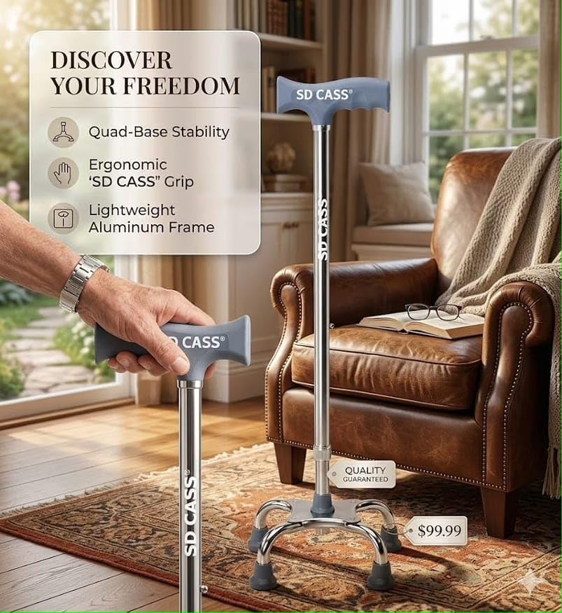 Image of Quadripod Adjustable Walking Stick with Adjustable Height | Non-Slip Grip Handle for Men & Women Patients, Old People | Lightweight Durable Aluminium Frame Pack of 1