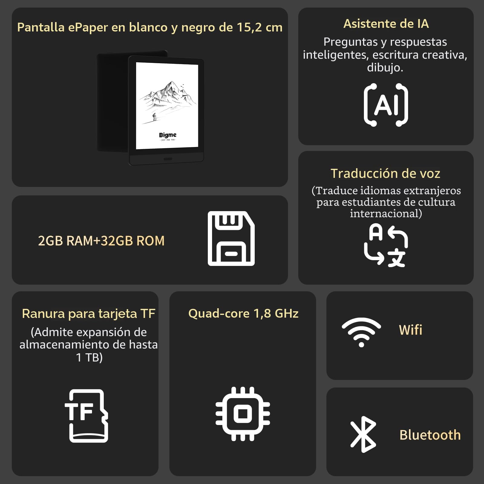 Bigme E-Reader de 6 pulgadas, E-Ink, Quad-Core 1.8 GHz, WiFi, Bluetooth, 1 TB de memoria, negro
