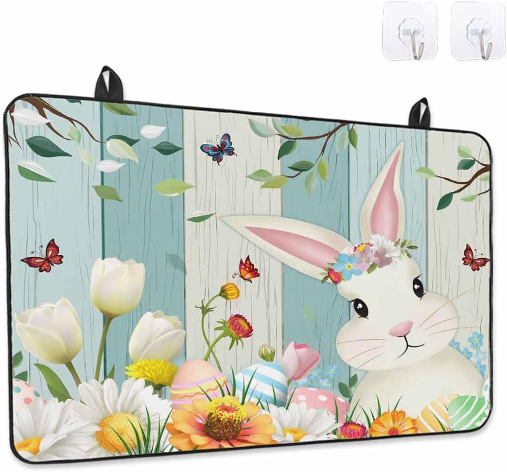Easter Cartoon Rabbits Stove Cover for Electric Stove, Spring Flowers Leaf Branches Teal Beige Stove Top Cover for Glass Top, Heat Insulation Rubber Mat Foldable Cooktop Top Protector, 24"x21"