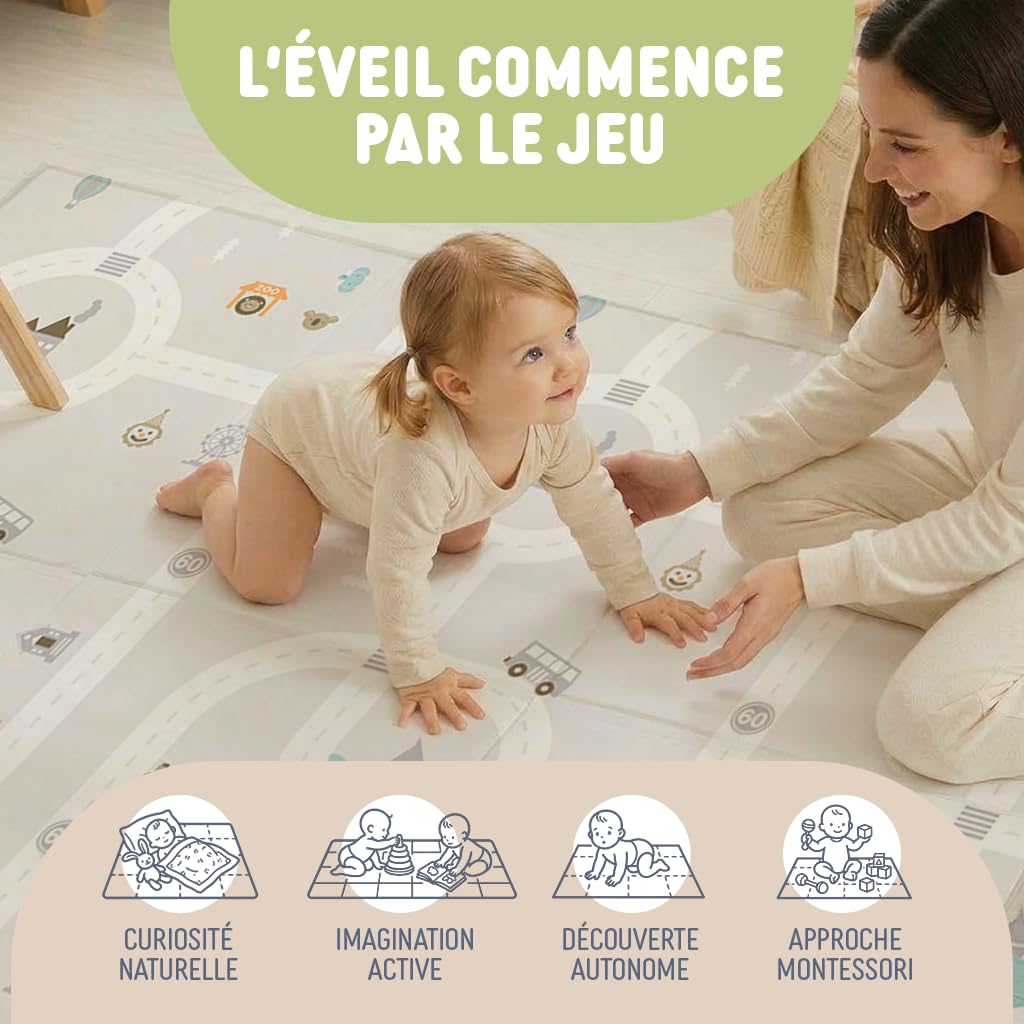 Tapis d'Éveil et de Jeux Bébé Treelys Urban Railway | Tapis Pliable Réversible 150x200 cm Circuit Routier | Tapis de Motricité Bébé XPE 15mm Certifié EN71 | Tapis Enfant Cadeau Naissance 0-3 Ans