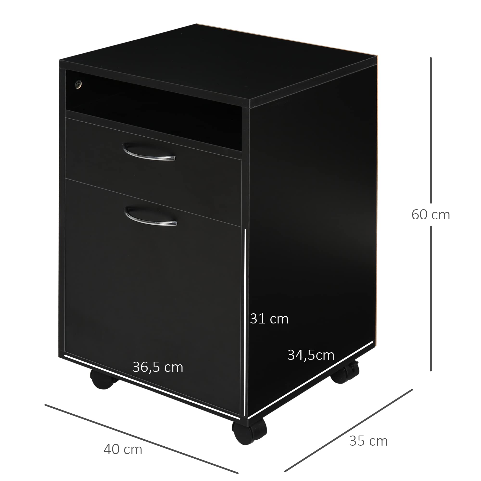 HOMCOM Rollcontainer mit 2 Schubladen mobiler Aktenschrank mit Rollen, offen Fach, Büroschrank, Bürocontainer, Schreibtisch Unterschrank für Büro, Homeoffice, 40 x 35 x 60 cm, Schwarz