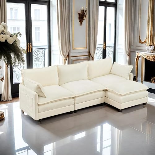 Sectional Couches for Living Room - L Shaped Couch Cloud Couch Comfy Sectional Couches, 113" 3-Seat Comfy Sectional with Ottoman/Pillows for Apartment, Bedroom, Cream White
