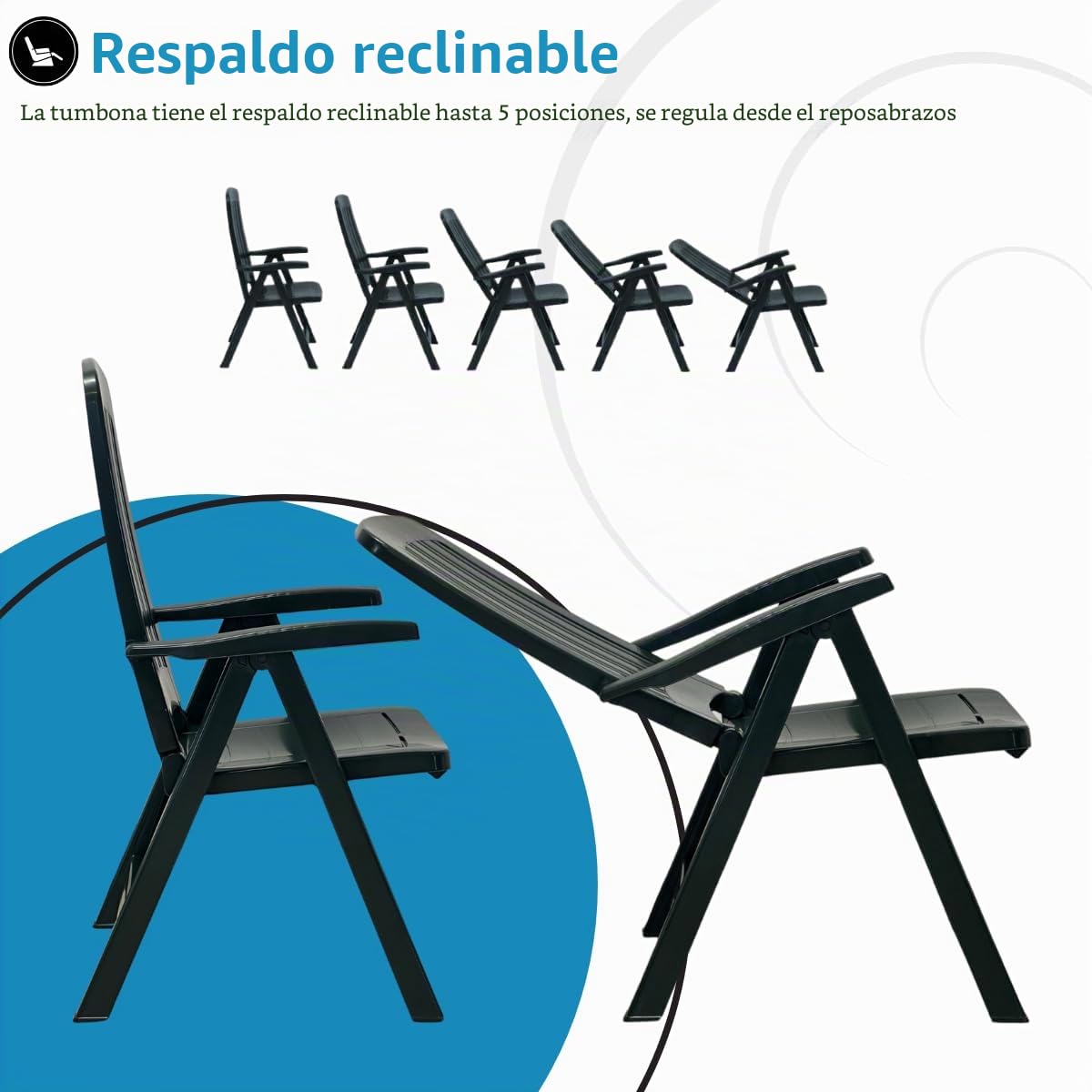 Tomaino Tumbona de jardín plegable de plástico – Sillón para exterior, casa, camping reclinable – 5 posiciones – Con reposabrazos (negro)