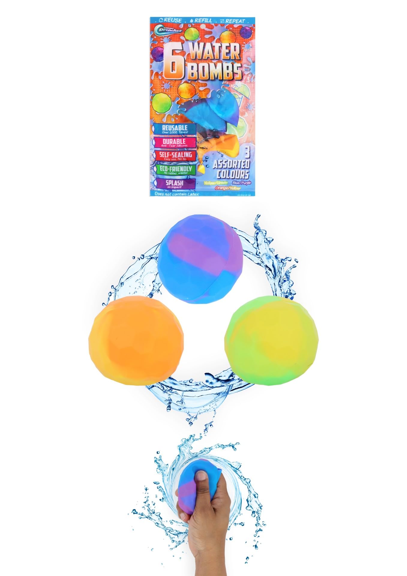 Henbrandt 1 x Pack of 6 Reusable Silicone Water Bombs Self-Sealing Water Balloons Assorted Colours Green Yellow Blue Purple Orange Summer Garden Party Fun