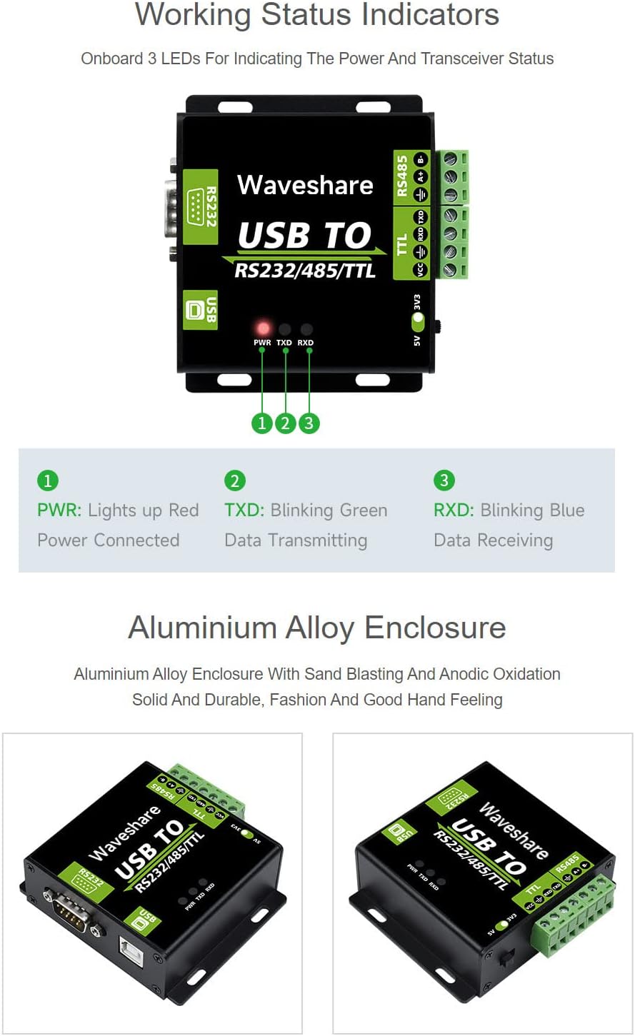 Waveshare CH343G USB to RS232/485/TTL Interface Industrial Isolated Converter Protection Circuits and Aluminium Alloy Enclosure for Industrial Control Equipments