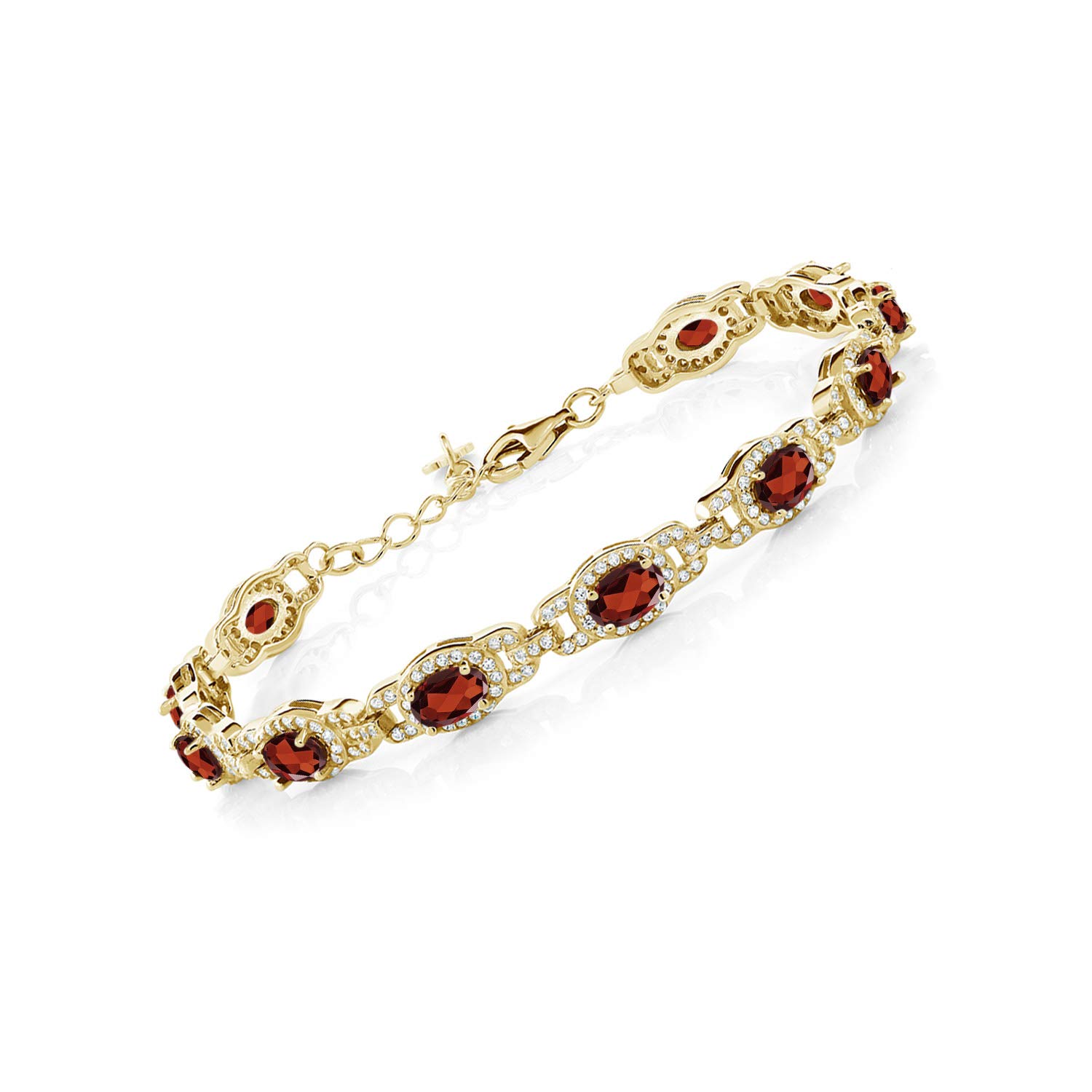 Gem Stone King 18K Yellow Gold Plated Silver Oval Gemstone Birthstone Tennis Bracelet For Women | Oval 6X4MM | 7 Inch With 1 Inch Extender | Fine