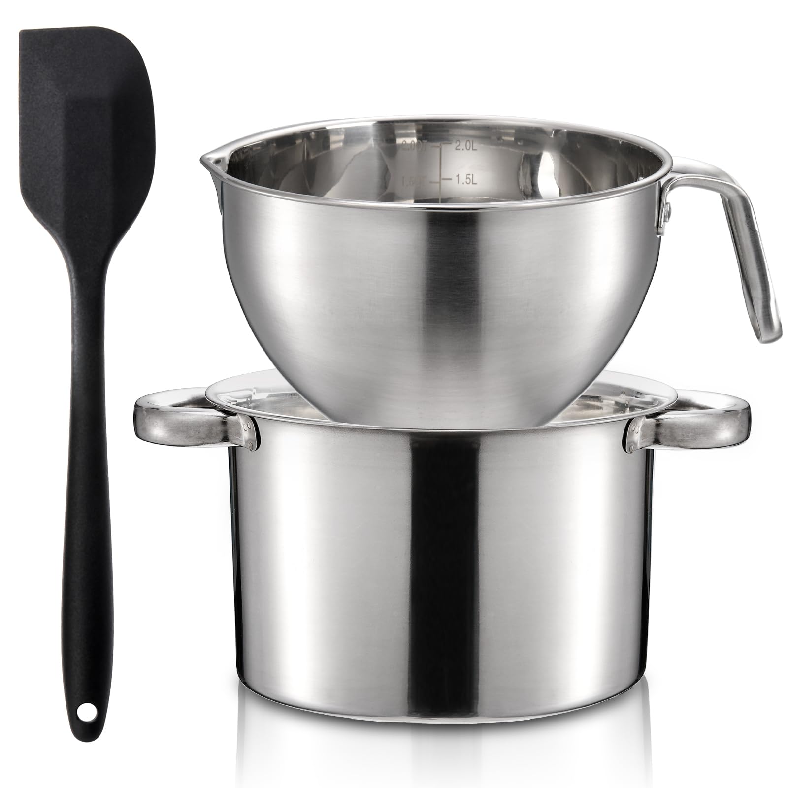 ZENFUN Double Boiler Pot Set with Silicone Spatula, 2000ML/1.8QT Chocolate Melting Pot with 2800ML/2.54QT Stainless Steel Pot, Candy Melting Pot, Chocolate Melter for Butter, Caramel, Cheese, Wax,