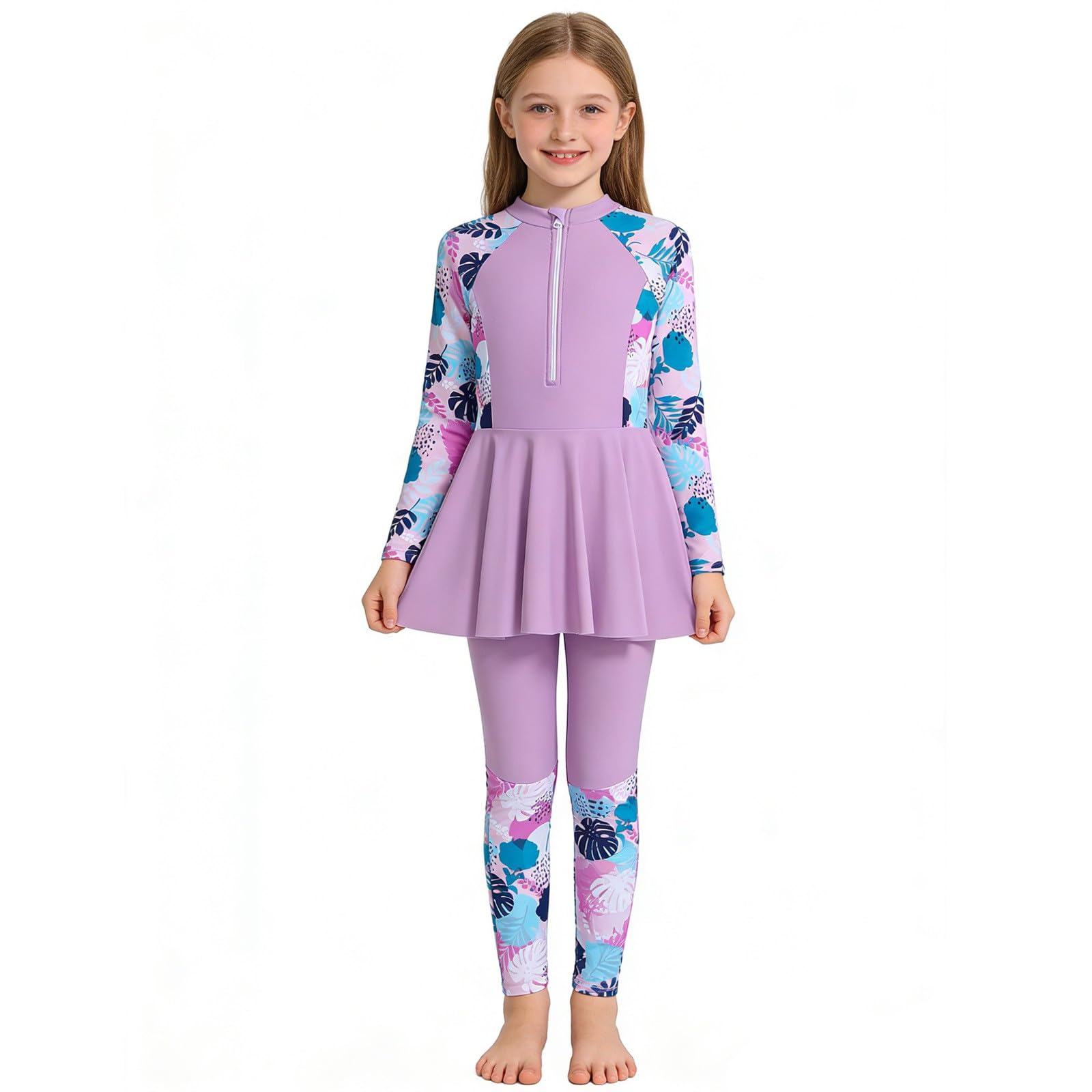 Enfant Fille Maillot de Bain Musulmane Anti UV Tenue Manches Longues avec Pantalon de Bain Burkini Combinaison Natation Plage Surf