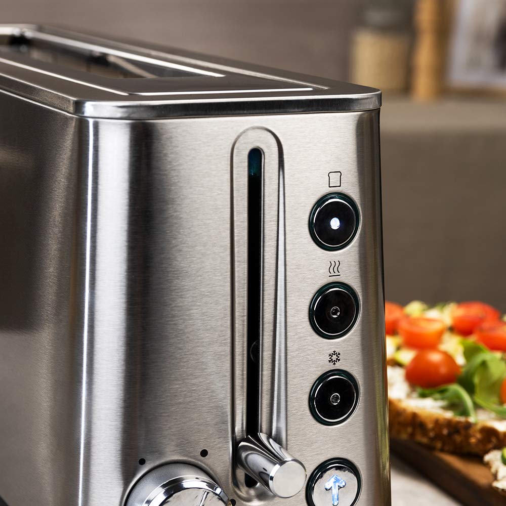 Cecotec Grille-pain BigToast Extra, 1100 W, Fente Longue Extra-large, 4 Fonctions préconfigurées, 6 Niveaux de Puissance, Barres Supérieures pour Réchauffer, Acier, Capacité pour 2 Toasts
