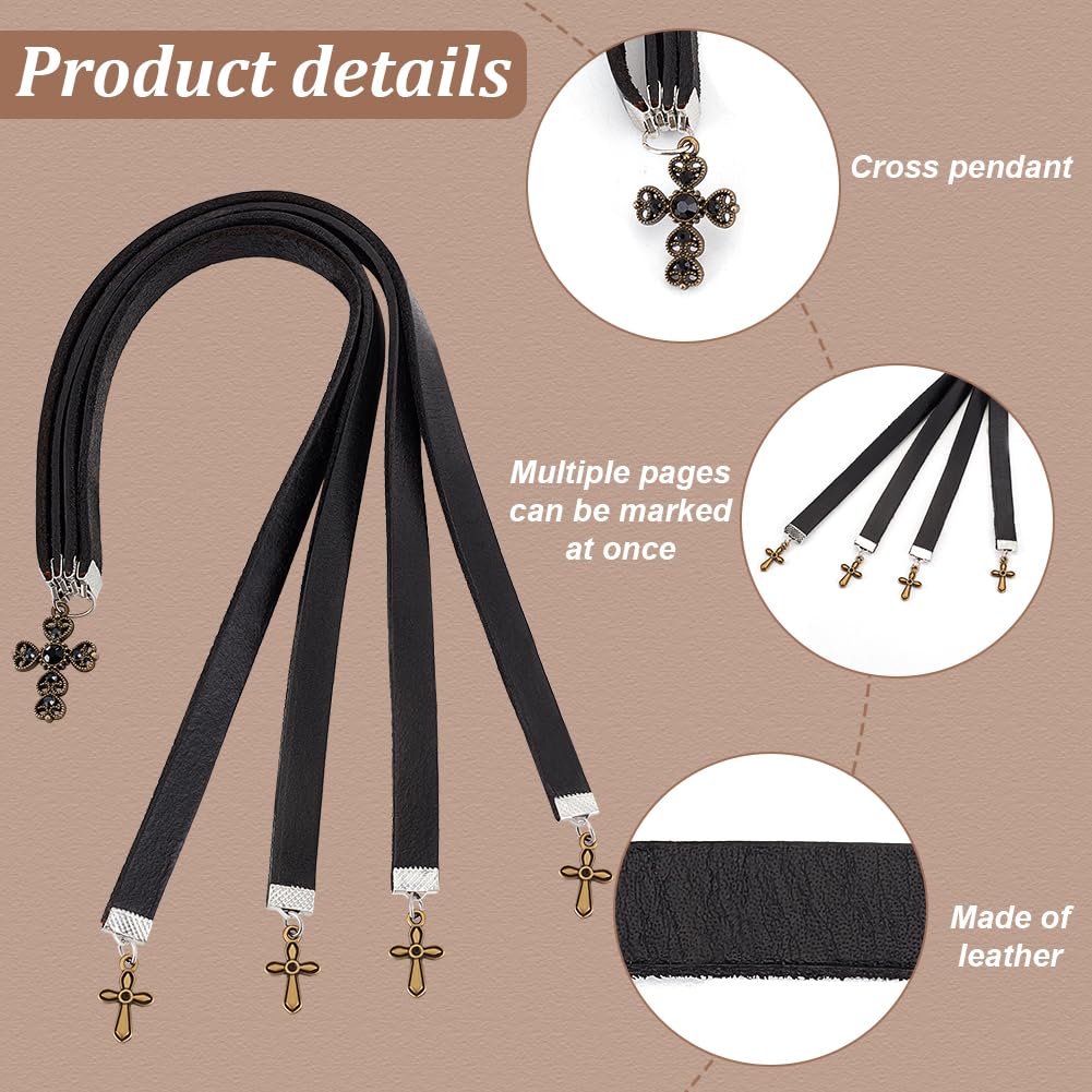 FINGERINSPIRE 2 Pcs Leather Bookmark 35.5x1cm Cowhide Leather Bible Bookmarks with 4 Ribbon Book Mark with Alloy Cross Pendant Black Christian Leather Bookmark for Women Men Book Lovers - Image 3