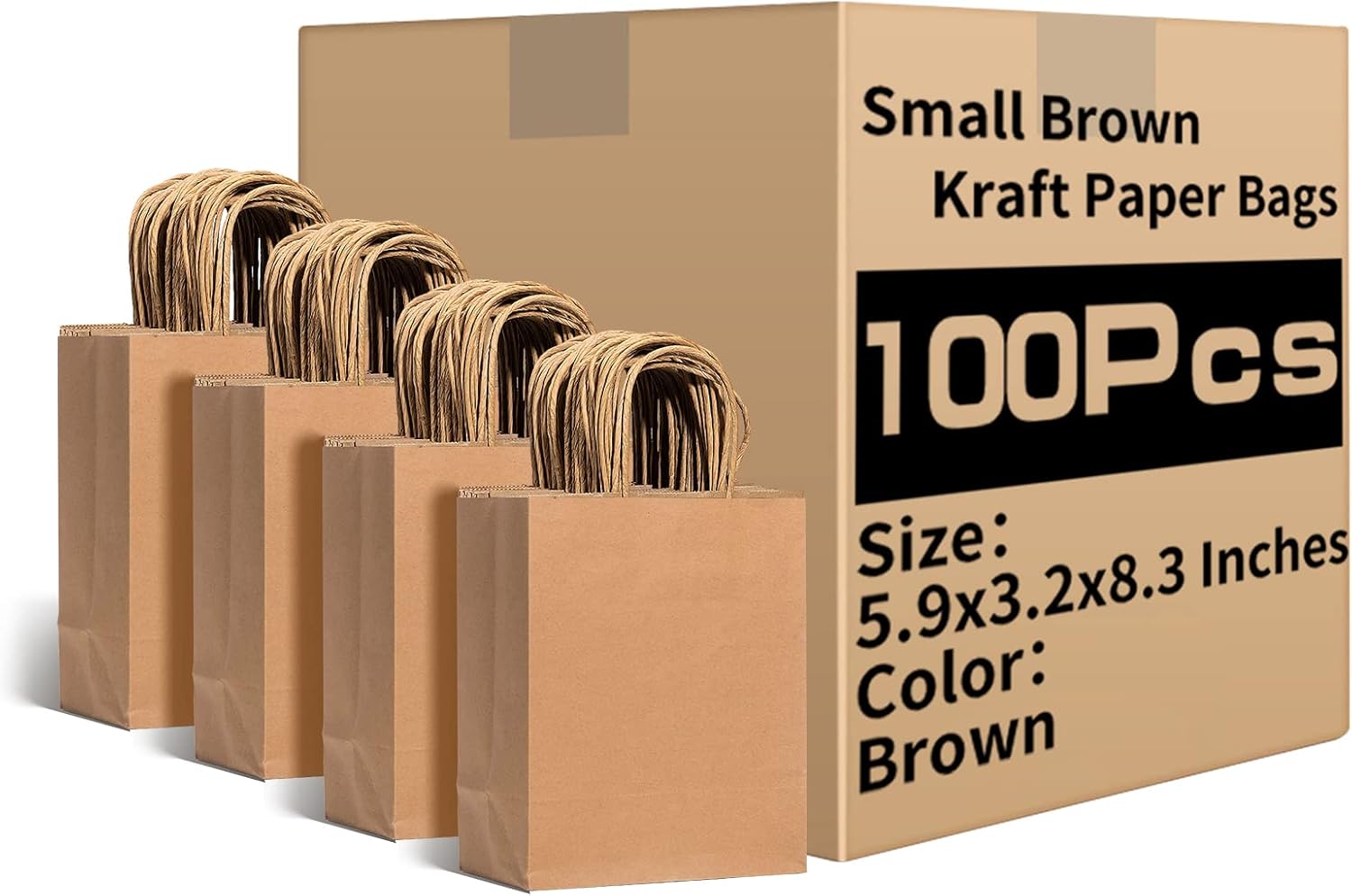 RACETOP Brown Kraft Paper Bags with Handles Bulk, 5.9"x3.2"x8.3" 100Pcs Brown Gift Bags, Portable Paper Bags, Gift Bags Bulk, Goodie Bag, Retail Bags, Gift Wrap Bags, Shopping Bags
