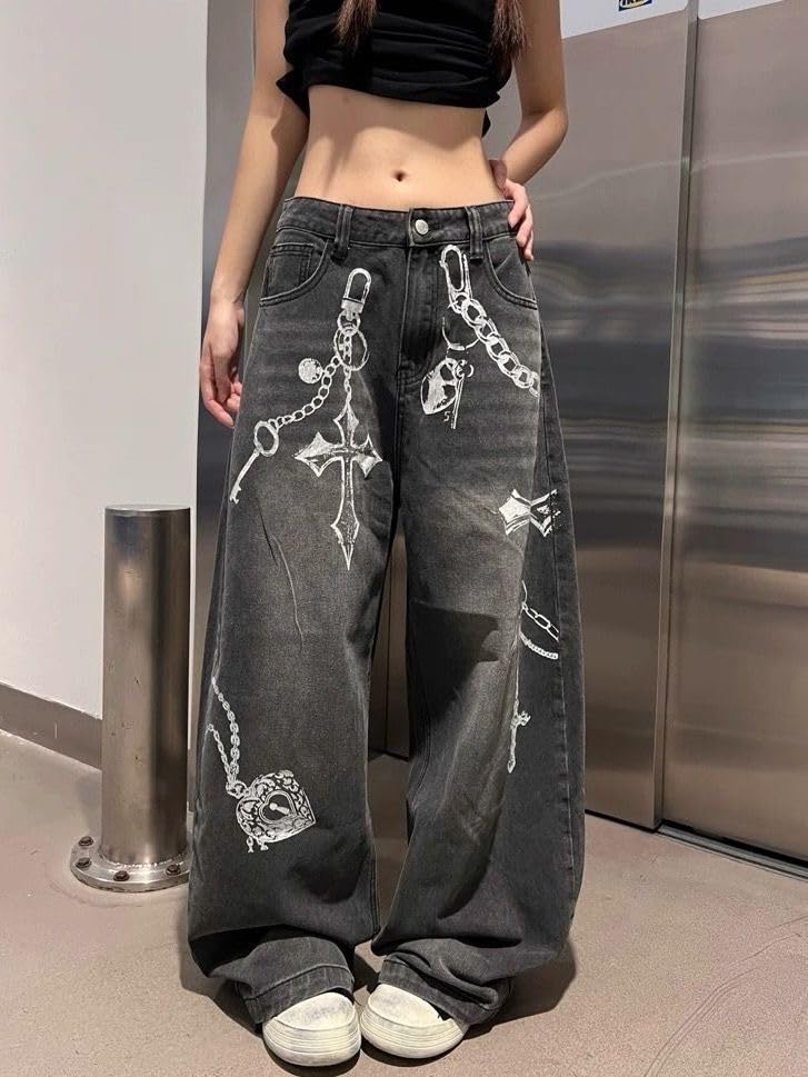 Y2k Unisex Grunge Gothic 3D Cross Chain Print Baggy Jeans Vintage Hiphop Punk Loose Fit Casual Wide Leg Denim Pants2