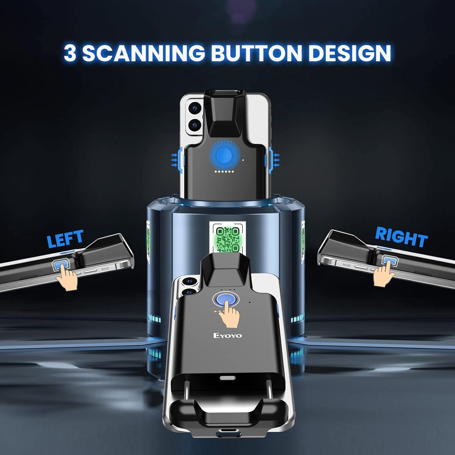 Eyoyo 2D Backclip Bluetooth Barcode Scanner, Barcodeleser für Handy mit 1600 mAh Akku, QR 1D Wireless Code Scanner für Android iOS iPhone