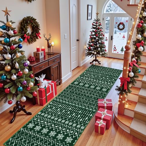 Lahome Moroccan Christmas Rug - 2x8 Green Carpet Lightweight Hallway Rug Non Slip Washable Kitchen Runners, Snowflake Holiday Decor Accent Thin Floor Runner for Entrance Bedroom