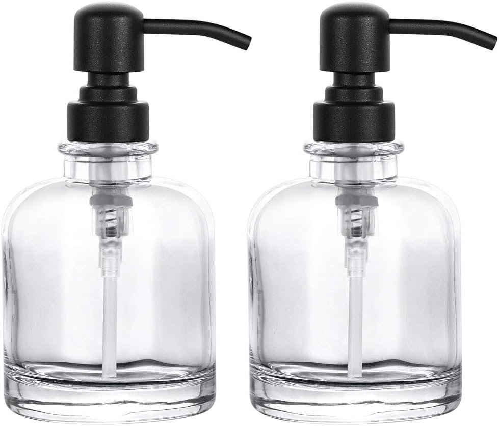 2-Pack 12oz Thick Clear Glass Soap Dispensers with Matte Black Rustproof Pump - Vintage Style for Kitchen & Bathroom