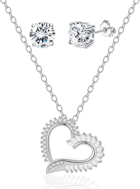 LOUMILEO Heart Necklace Earrings Set for Women 5A+ White Cubic Zirconia Love Heart Pendant Heart Jewellery Set Jewellery Gift for Mom Wife Girlfriend Birthday Valentine Anniversary Gift