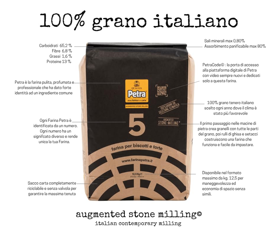 12,5 Kg Petra 5 Farina di grano tenero Tipo “1” – Macinata a Pietra con Processo Augmented Stone Milling – Ideale per Dolci, Piadine, Pane e Frolle – Alta Capacità di Assorbimento