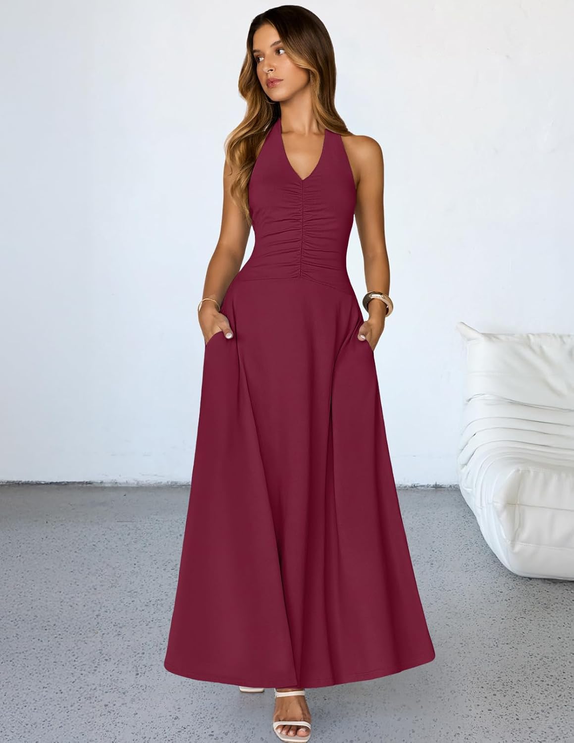 MEROKEETY Women's Formal Halter Maxi Dress 2026 Summer Backless Sleeveless V Neck Ruched Cocktail Wedding Guest Dresses - Image 2