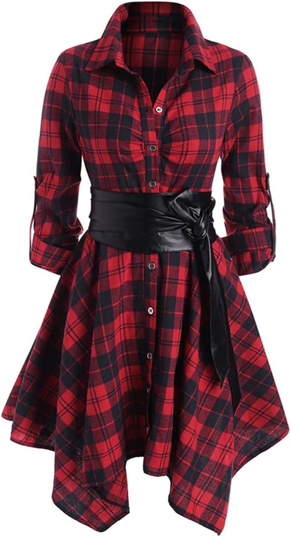 Women's Shirt Dress Check Tartan Shirt Long Sleeve Blouse Mini Dress Long Top Waist Belt Plaid Shirt Skirt