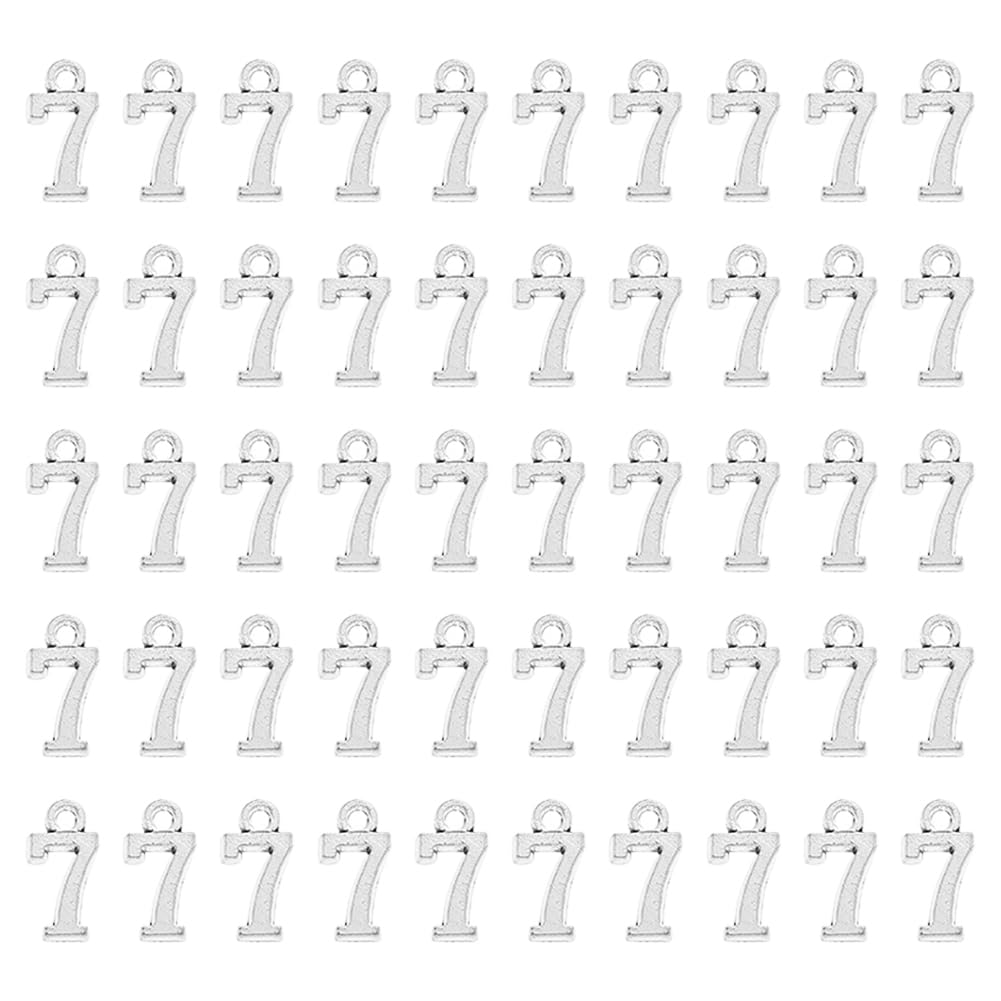 HugeDE 100 Pcs 8x16mm Metal Number 7 Charms Small Number Figures Pendants Cute Dangle Charms Decorative Bracelet Charms Mini Jewelry Pendants Craft Earring Pendants for Decoration Silver