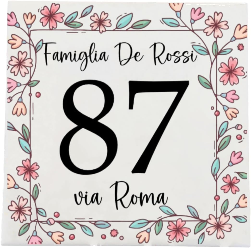 Numero Civico in Ceramica Personalizzabile, Targa Decorativa su Mattonella 11x11cm,Numeri Civici Esterno con Indirizzo e Nome Famiglia, Made in Italy, Stile Moderno