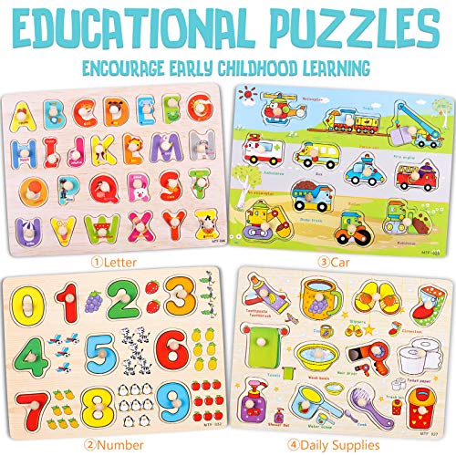 WADILE Wooden Peg Puzzles 4PC for Toddlers 2 3 4 Years Old Toddler Puzzles Set Letter Number Car Daily Supplies Learning Toys Gift for Girls and Boys - Thumbnail 5