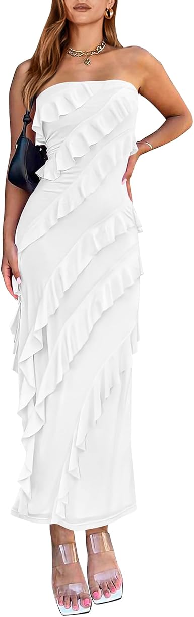 BTFBM Women Summer Elegant Strapless Midi Ruched Bodycon Dress Solid Color Stretch Mesh Slim Party Cocktail Dresses
